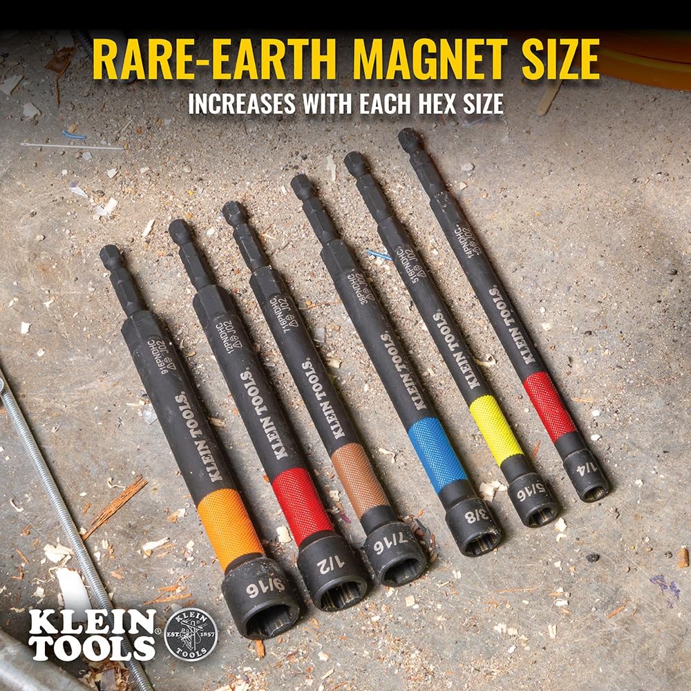 Klein Tools Magnetic Color Coded Nut Setters 5 Inch Extended Reach Hex 6 Sizes