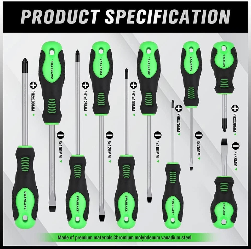 11PCS Screwdriver Set, Magnetic 5 Phillips and 5 Flat Head Black