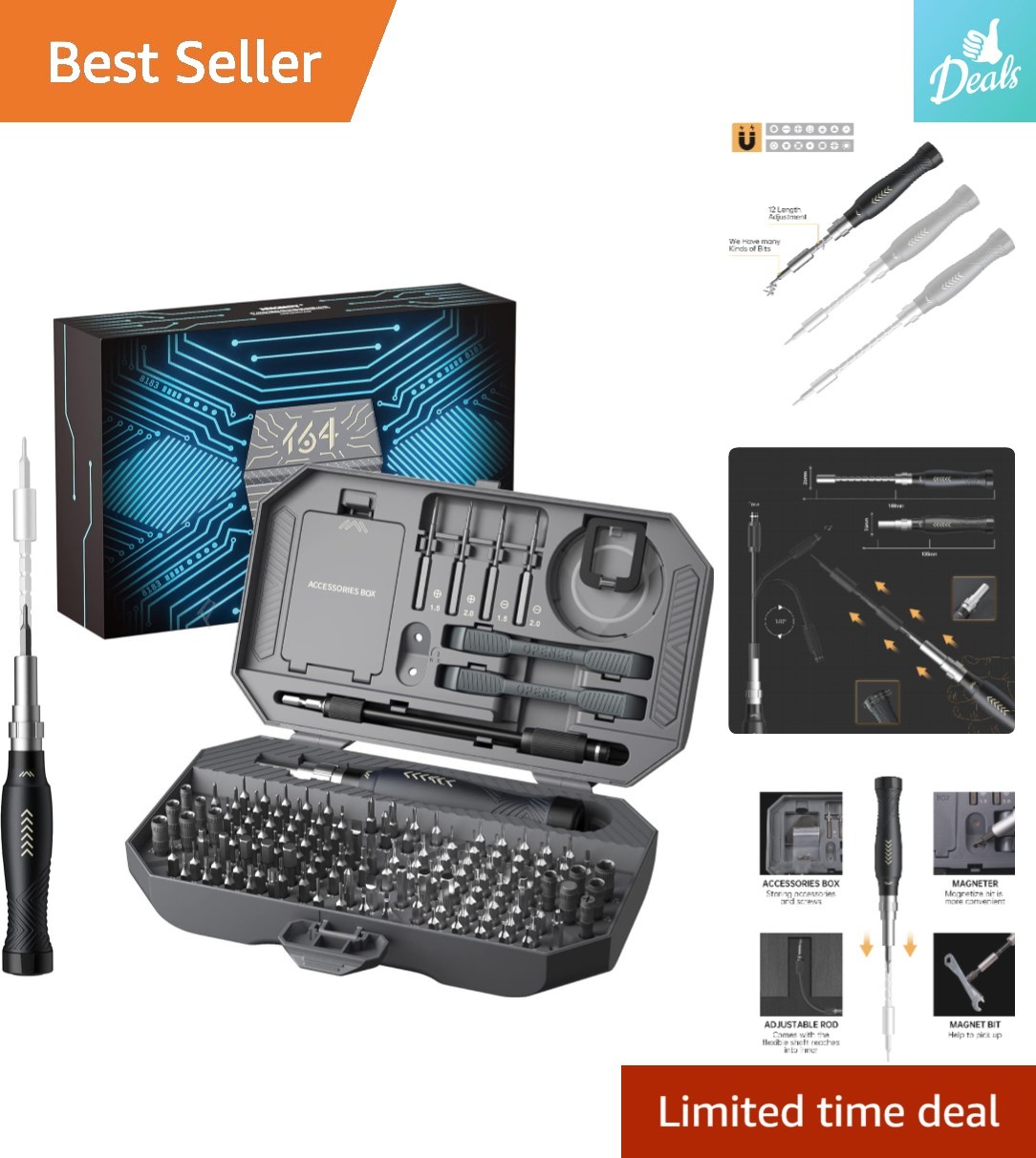 Ergonomic Computer Screwdriver Kit with Adjustable Handle and 126 Magnetic Bits