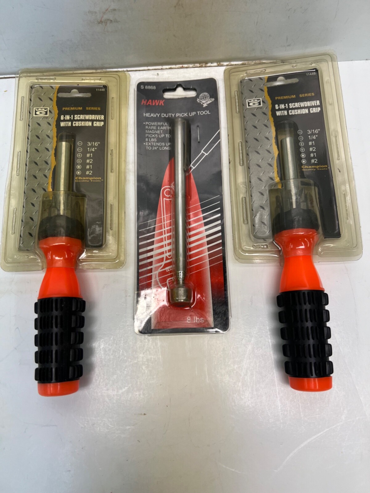 2 champion 6 in 1 screwdriver with cushion grip & 1 hawk magnet 8lb pick up tool