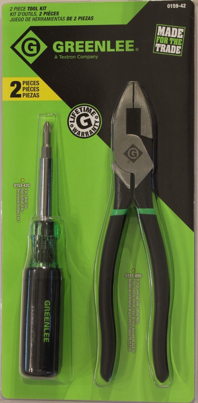 GREENLEE 2 PIECE 9″ SIDE CUTTERS & 6-IN-1 SCREWDRIVER TOOL KIT 0159-42 NEW
