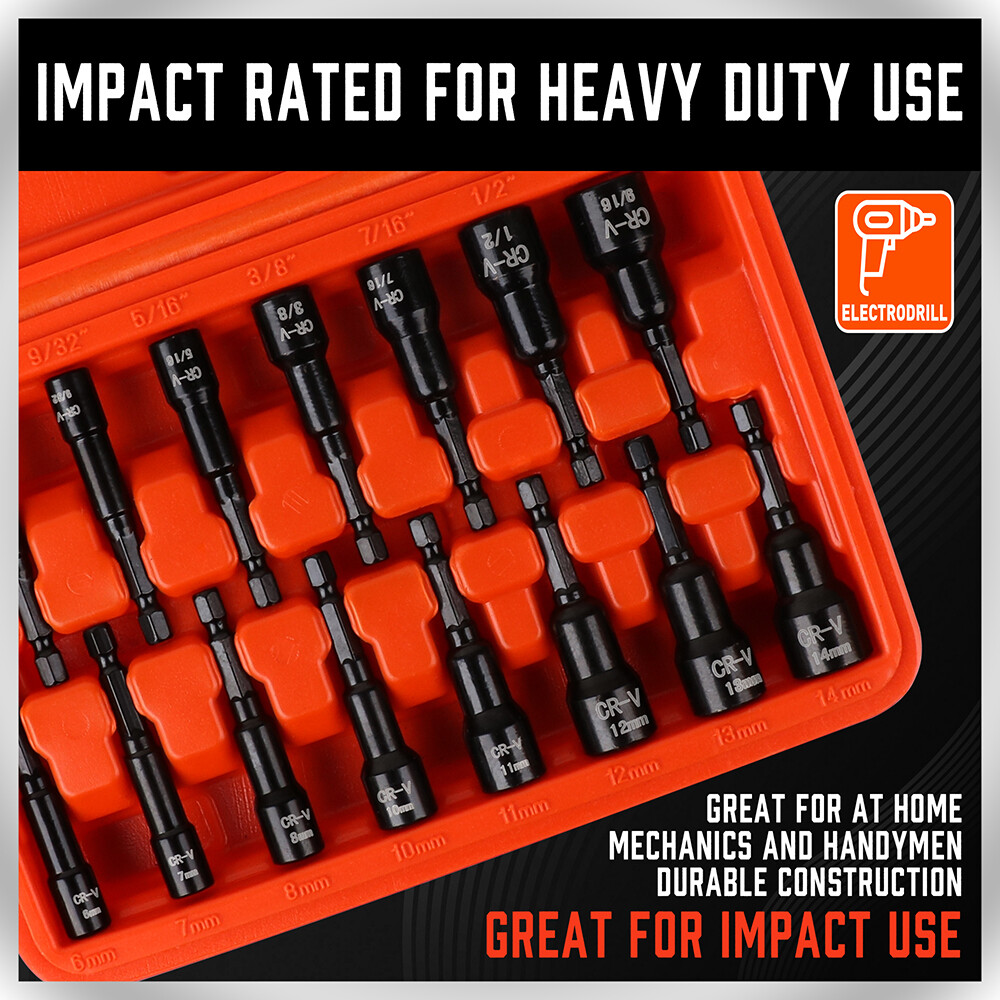 HORUSDY 15pc Magnetic Hex Nut Driver Set 1/4″ Shank SAE & Metric Power Drill Bit