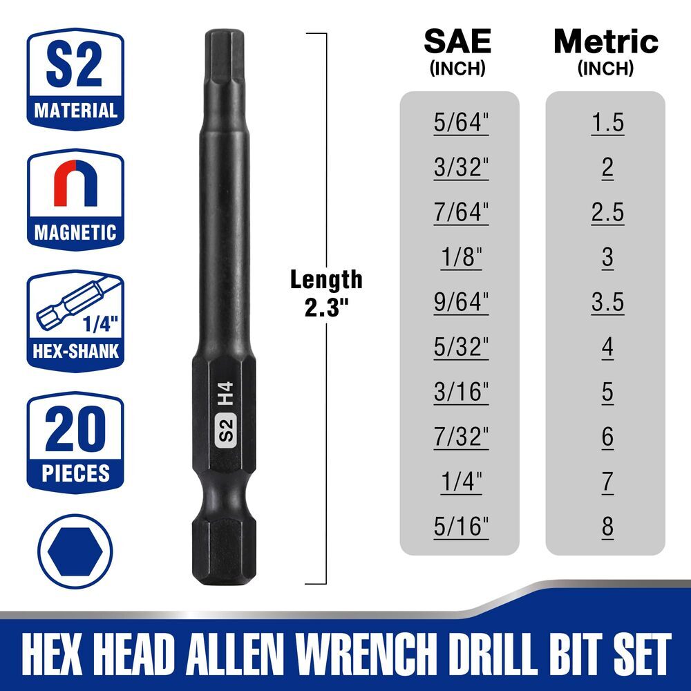 WORKPRO 20pcs Hex Head Allen Wrench Drill Bit Set CNC Machined S2 Steel Magnetic