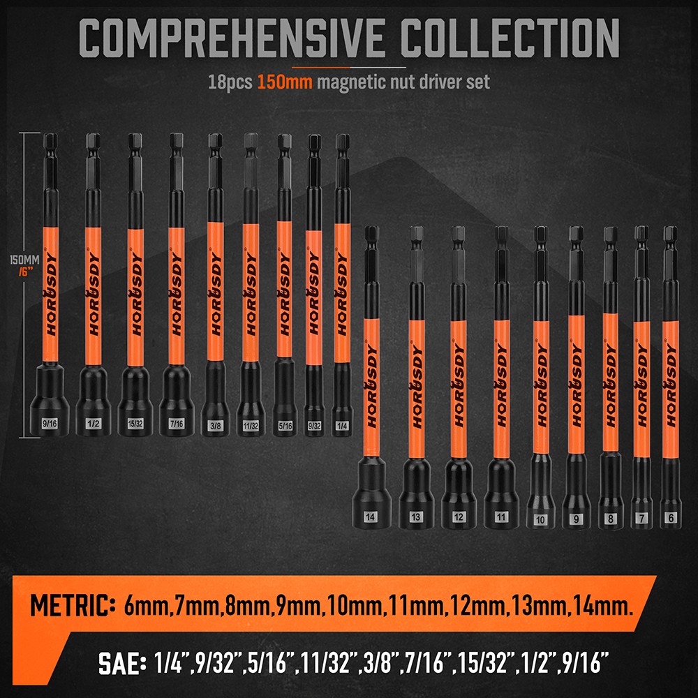 18PC Impact Magnetic Nut Drivers Set SAE & Metric Extra Long 1/4″ Hex Shank Case