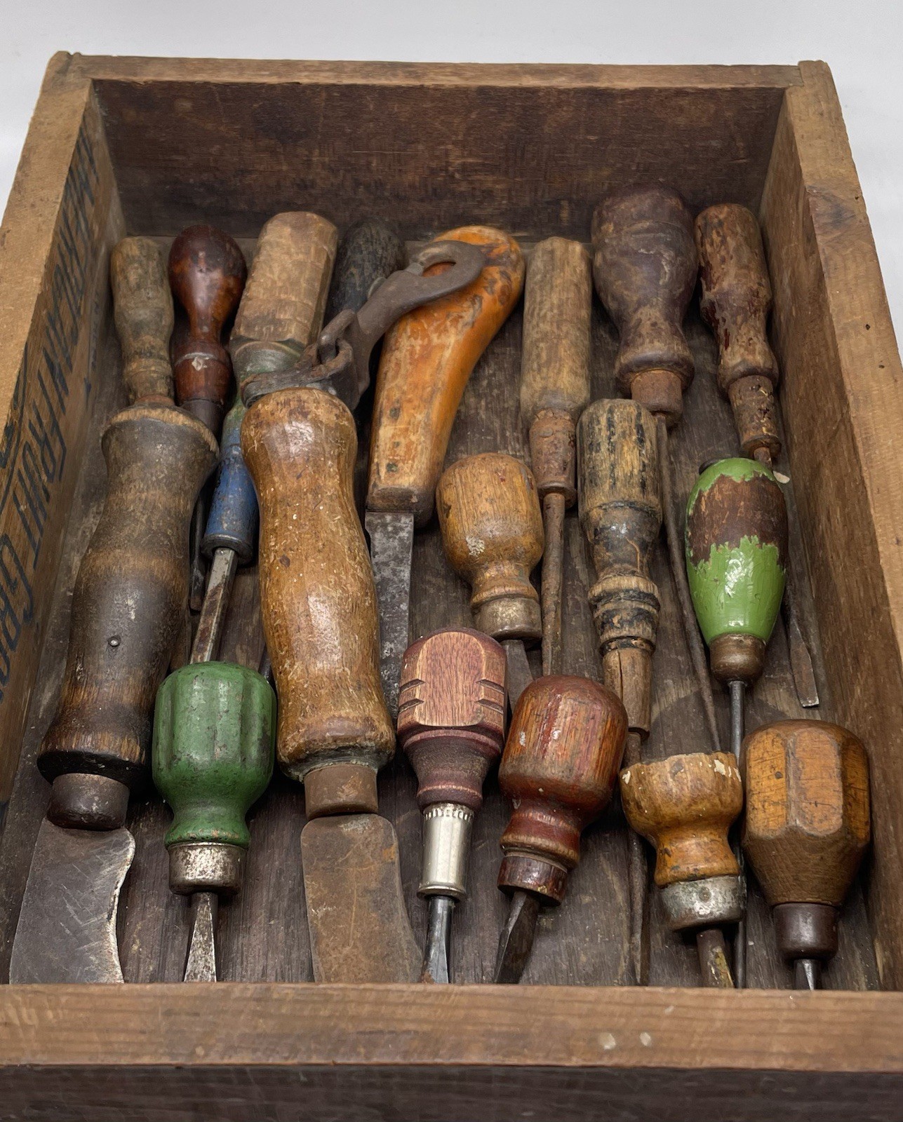 Antique Wood Handle Screwdrivers & Hand Tools In Primitive Wooden Box
