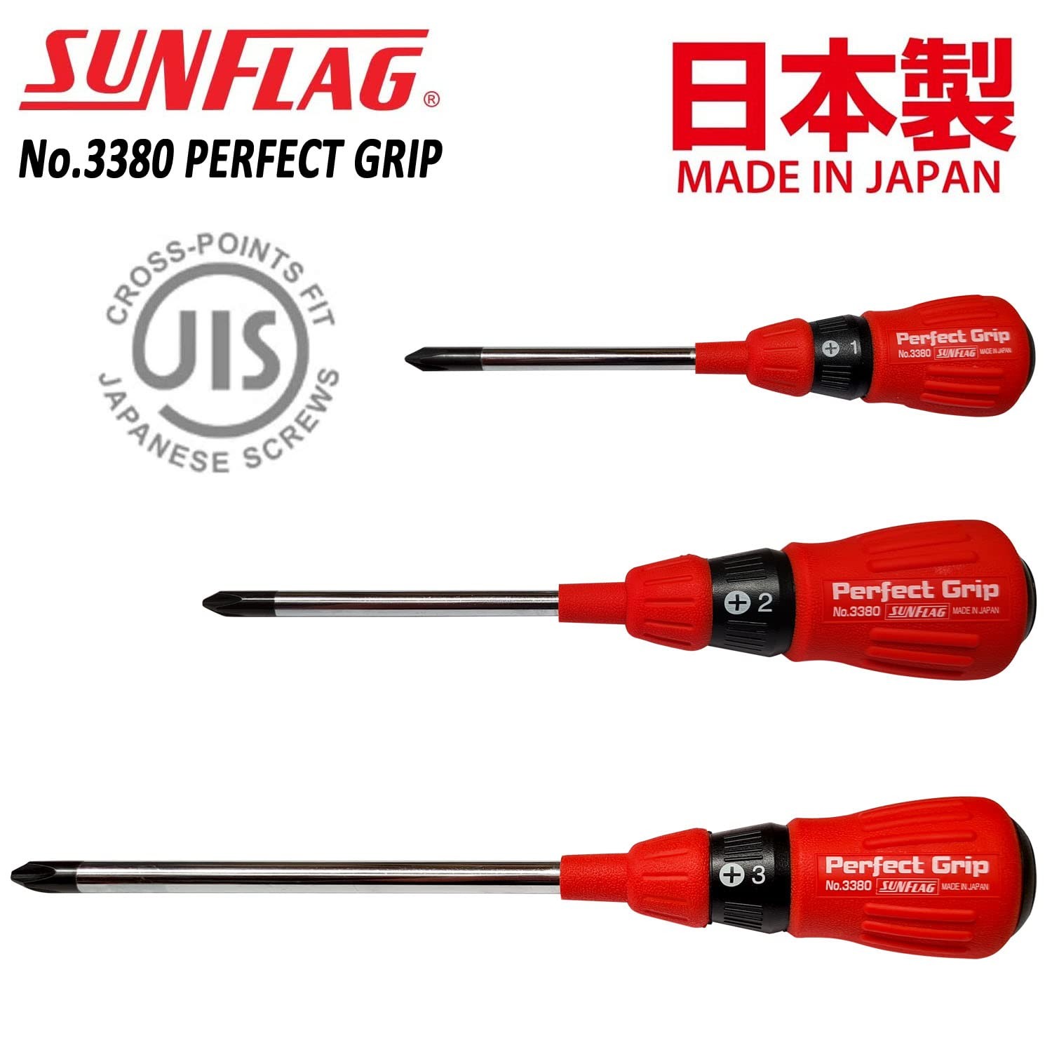 JIS Screwdrivers Set 3pc Magnetic Tip Japan Cross Point +1 +2 +3 75mm 100mm 150m