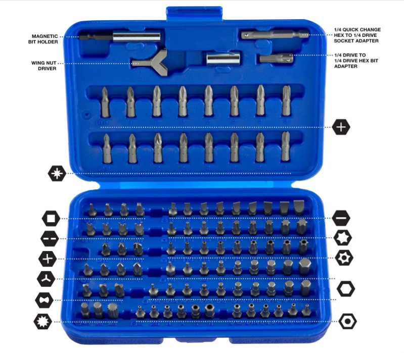 Juego 100 Piezas Puntas Seguridad Cr-V 1/4” Multi Tipo Torx Hex Pozi Alta Resis