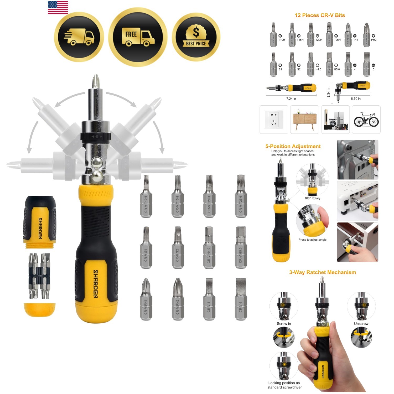 Ratcheting Multi Bit Screwdriver – 13-in-1 Tool Set, Flat Head/Square/Torx/He…