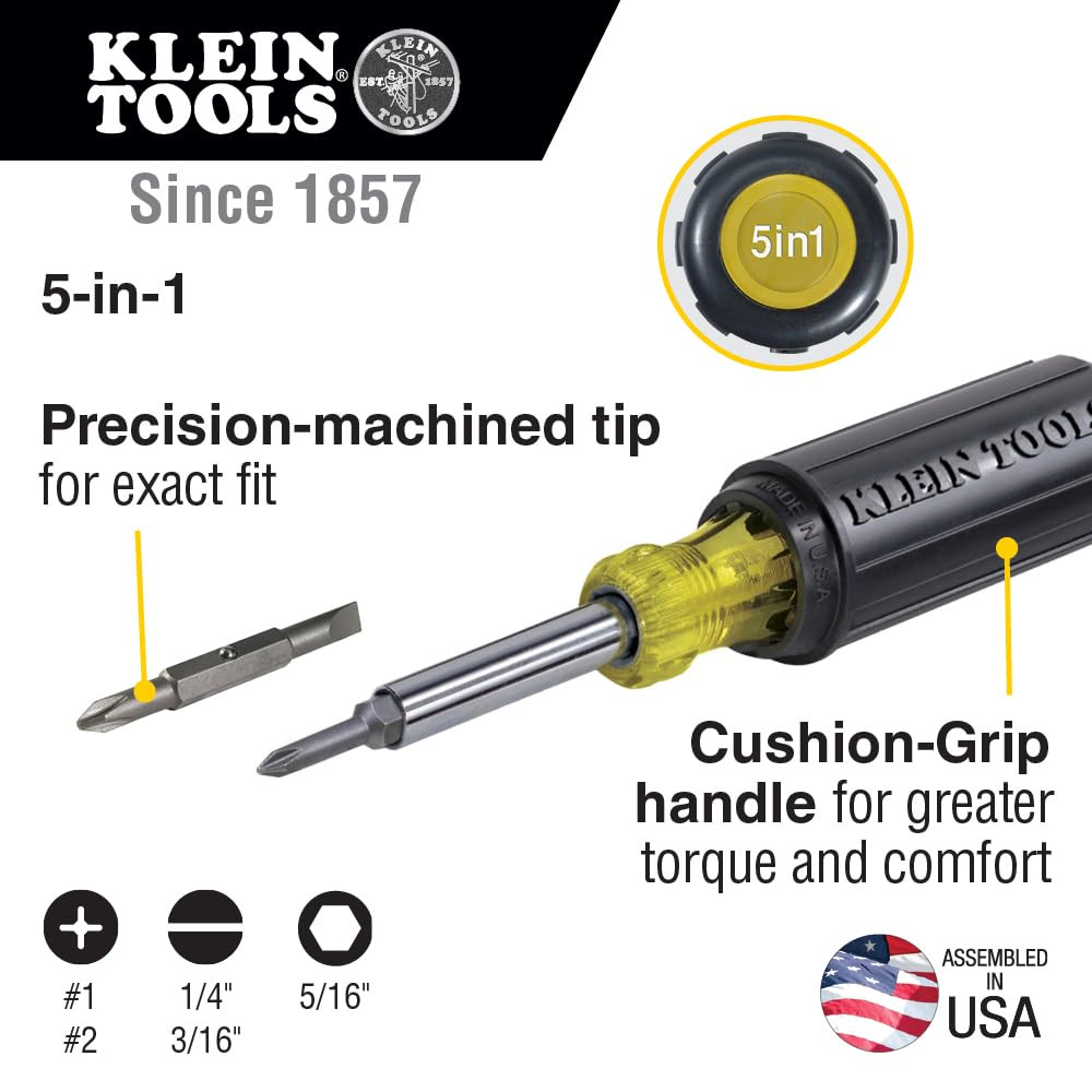 Klein Tools 5 in 1 Multi Bit Screwdriver Nut Driver with Cushion Grip Handle