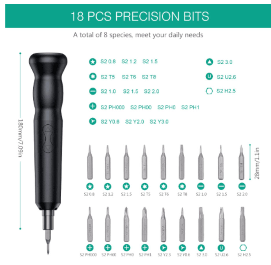 Precision Electric Screwdriver, 21 in 1 Portable with 18 S2 Bits, Mini Cordless
