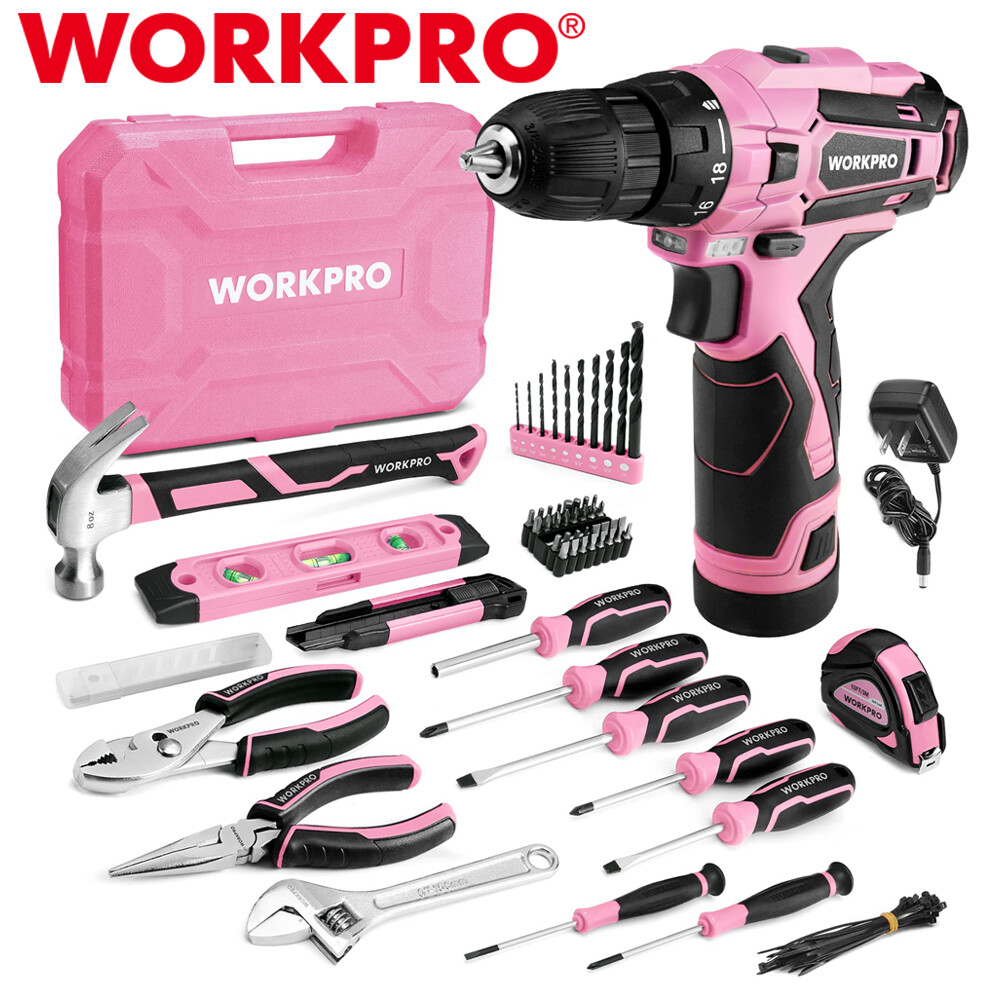 WORKPRO 108PCS Pink Tool Set Power Drill Kits Keyless Chuck 1.5A Cordless Drills
