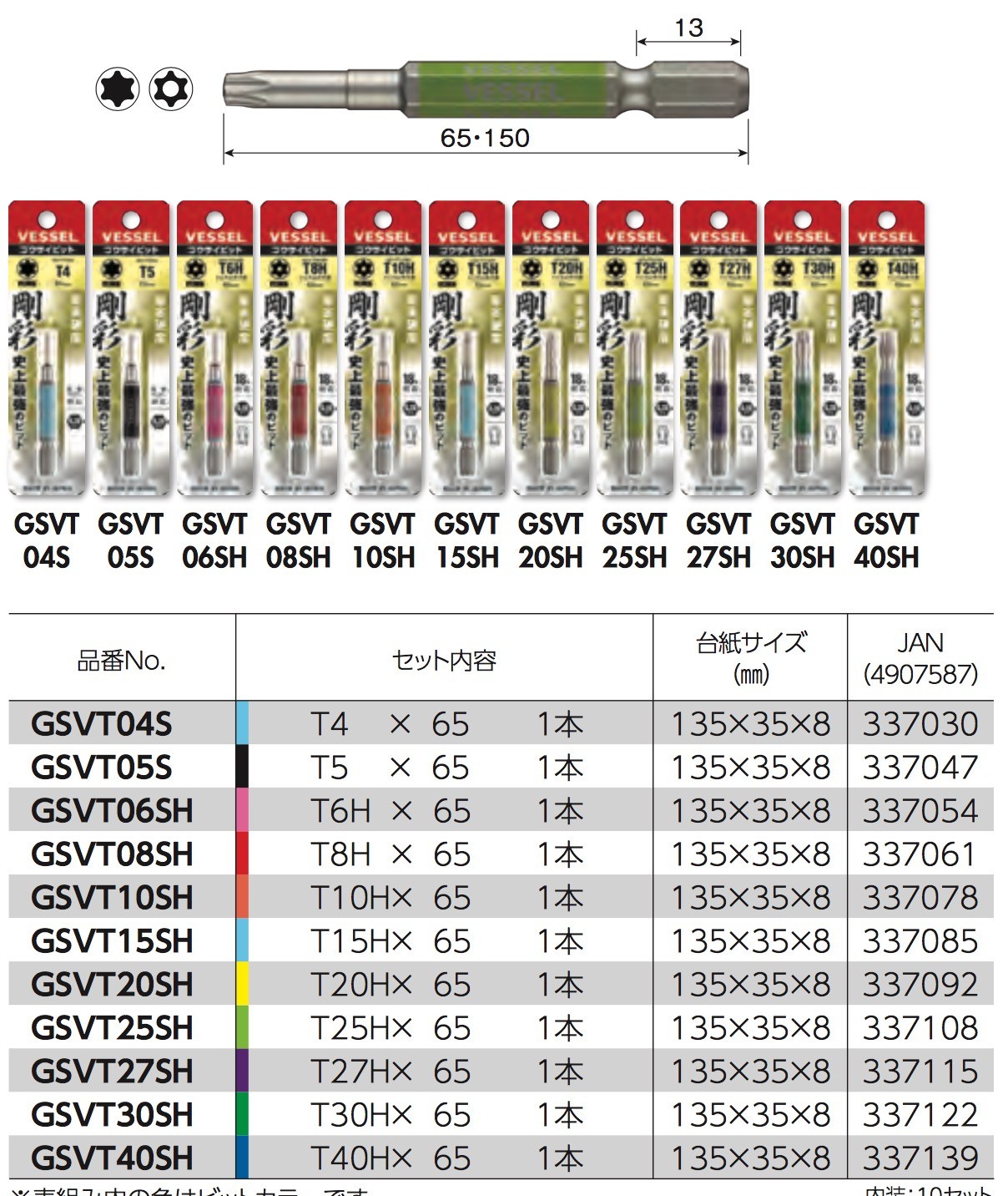 VESSEL GOSAI Color Coded TROX Driver Bit No.GSVT T4 – T40 65mm 1pcs Japan