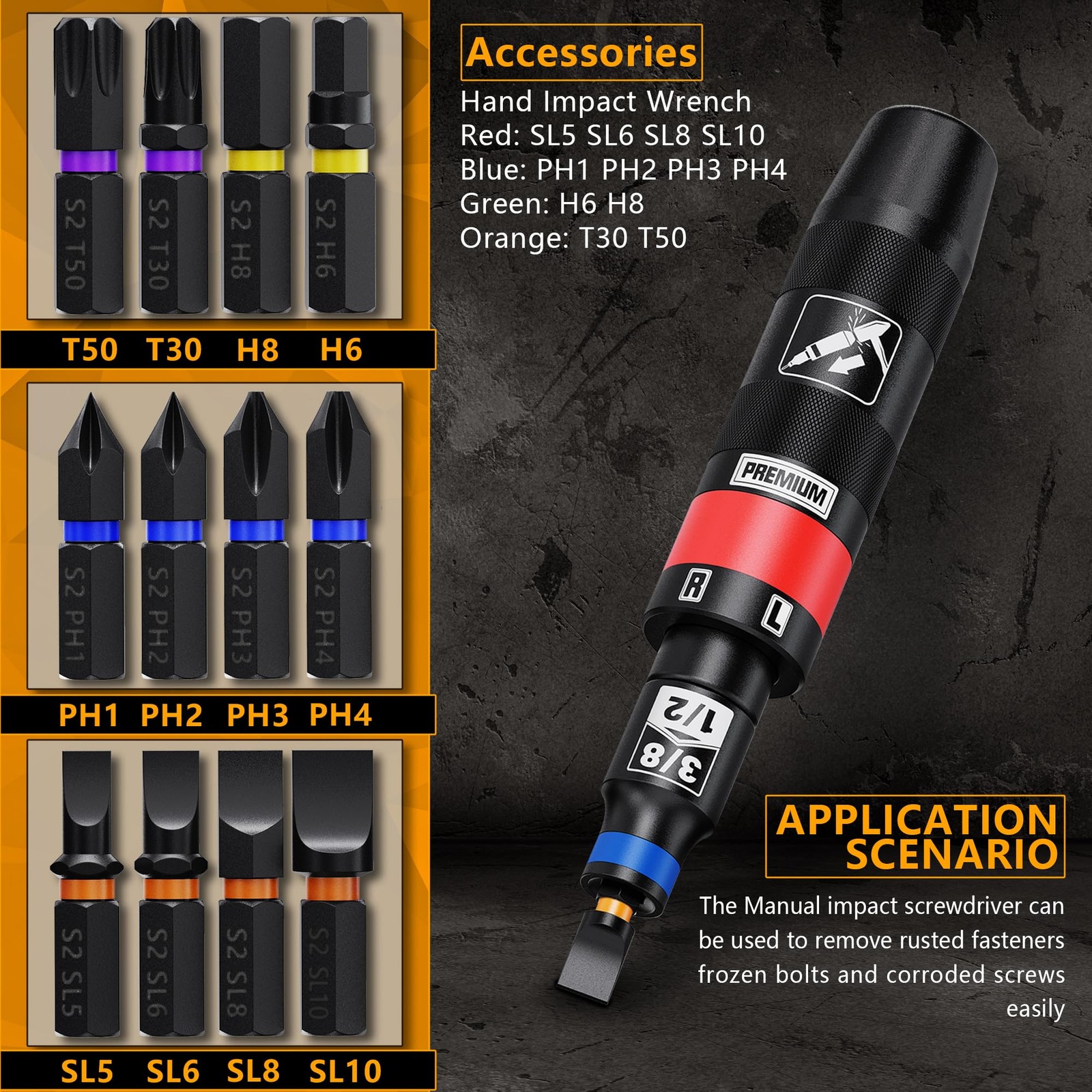 1/2″ Hand Impact Screwdriver Set, 13 PCS Manual Reversible Impact Driver Kit …