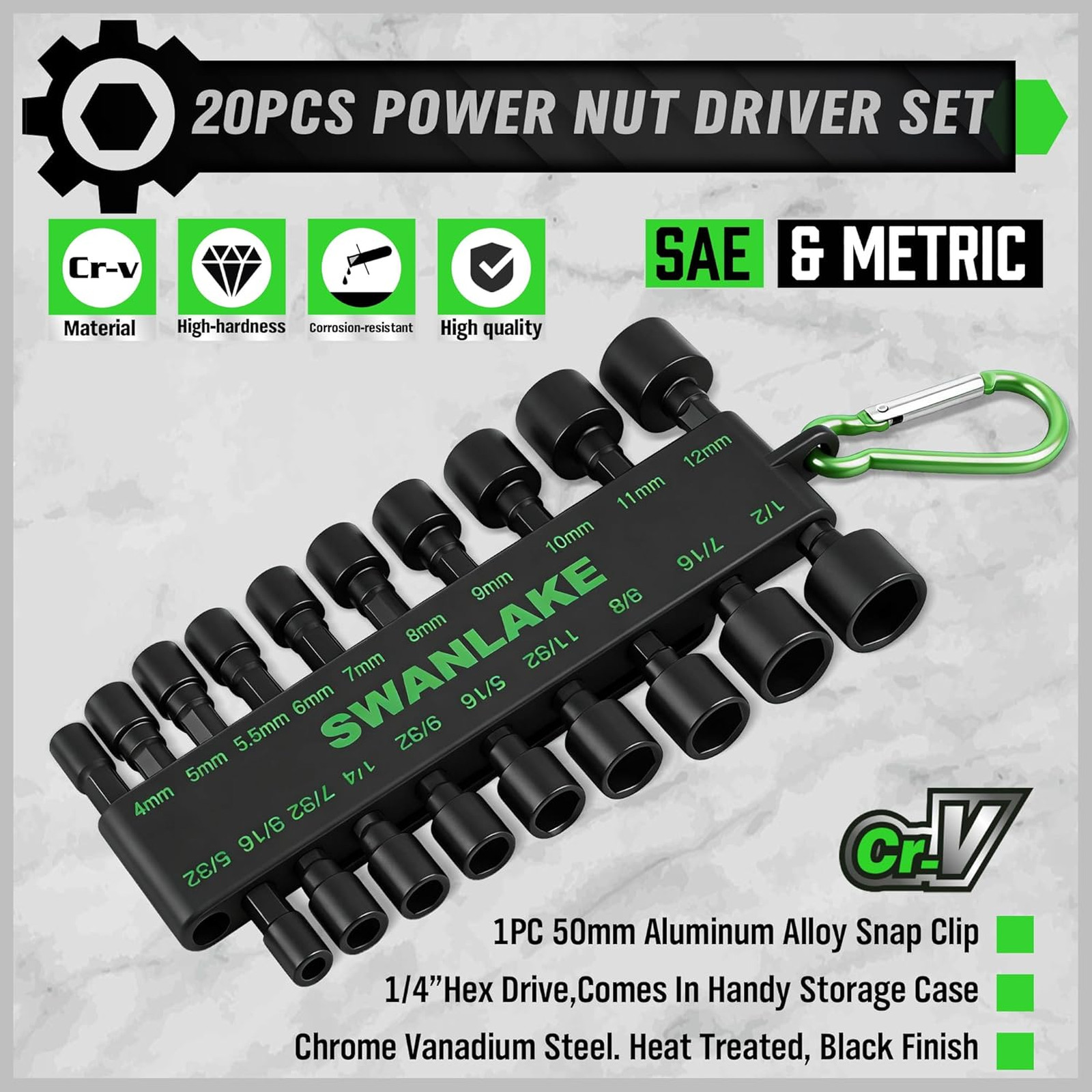 Impact Nut Driver Set 20PCS Chromium Vanadium Steel SAE Metric Hex Heads Heavy