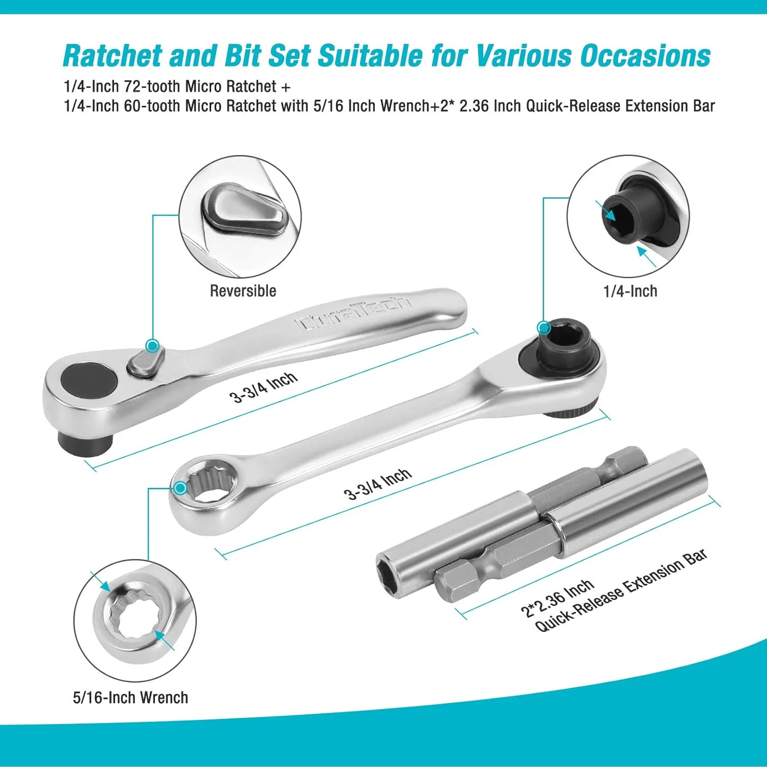 DURATECH 56-Piece 1/4″ Mini Ratchet Wrench and Screwdriver Bit Set, 2-in-1, 72-T