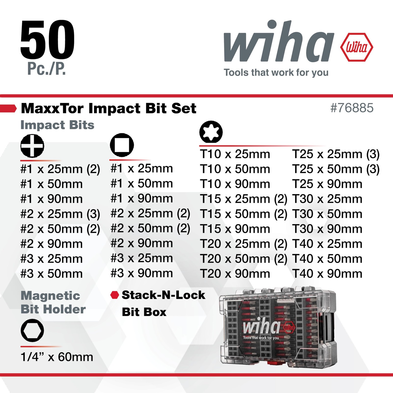 Wiha 76885 50 Piece MaxxTor Impact Bit Set Variety Pack, Multi