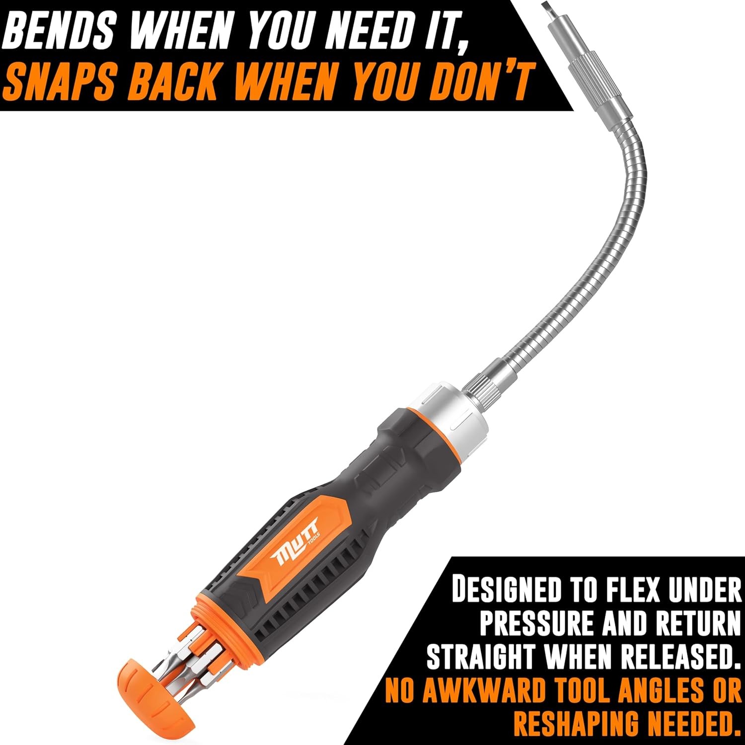 Mutt Tools 12 in 1 Ratcheting Flexible Screwdriver for Tight Orange, Gray