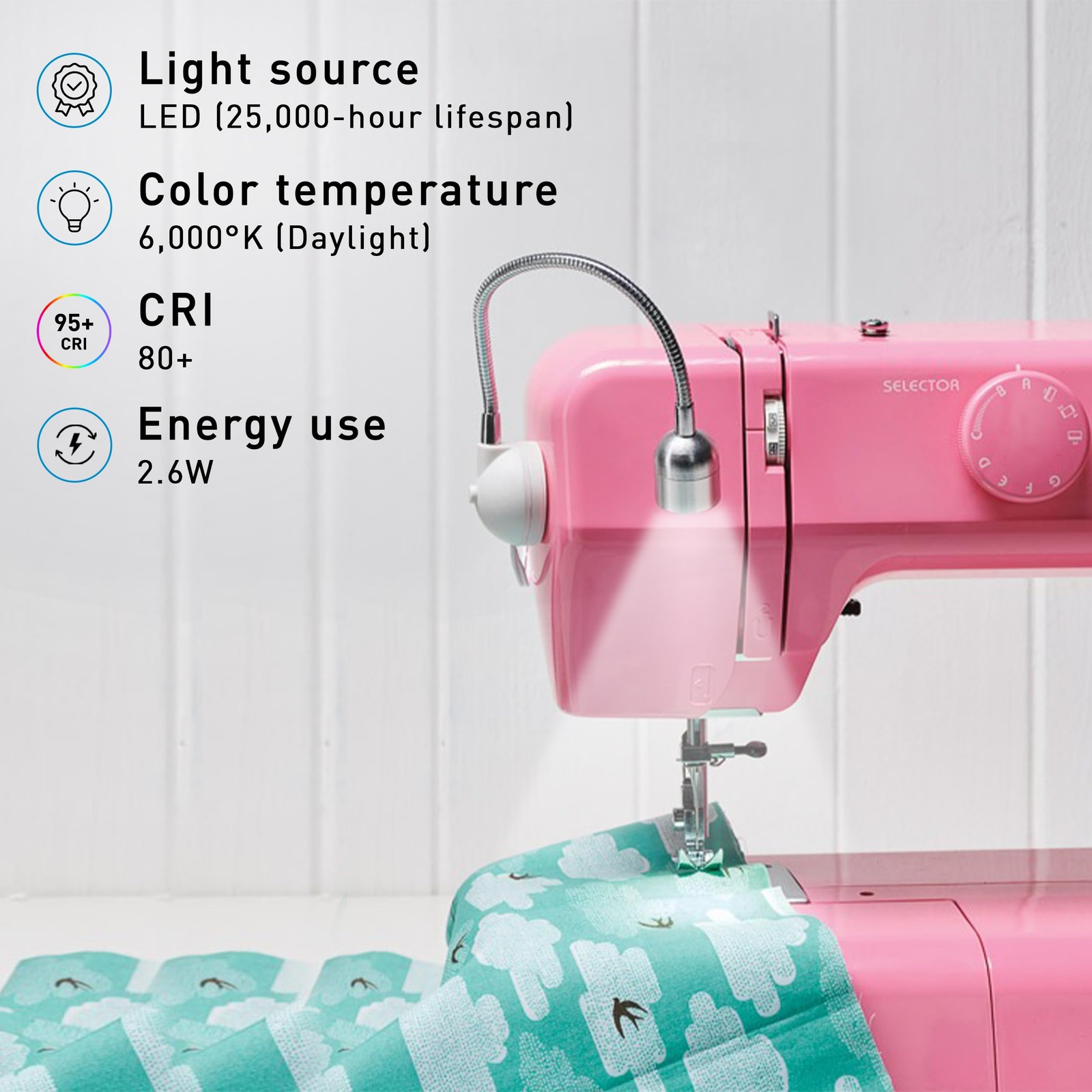 Naturalight LED Sewing Lamp Optimal Illumination, Sleek White & Silver Design