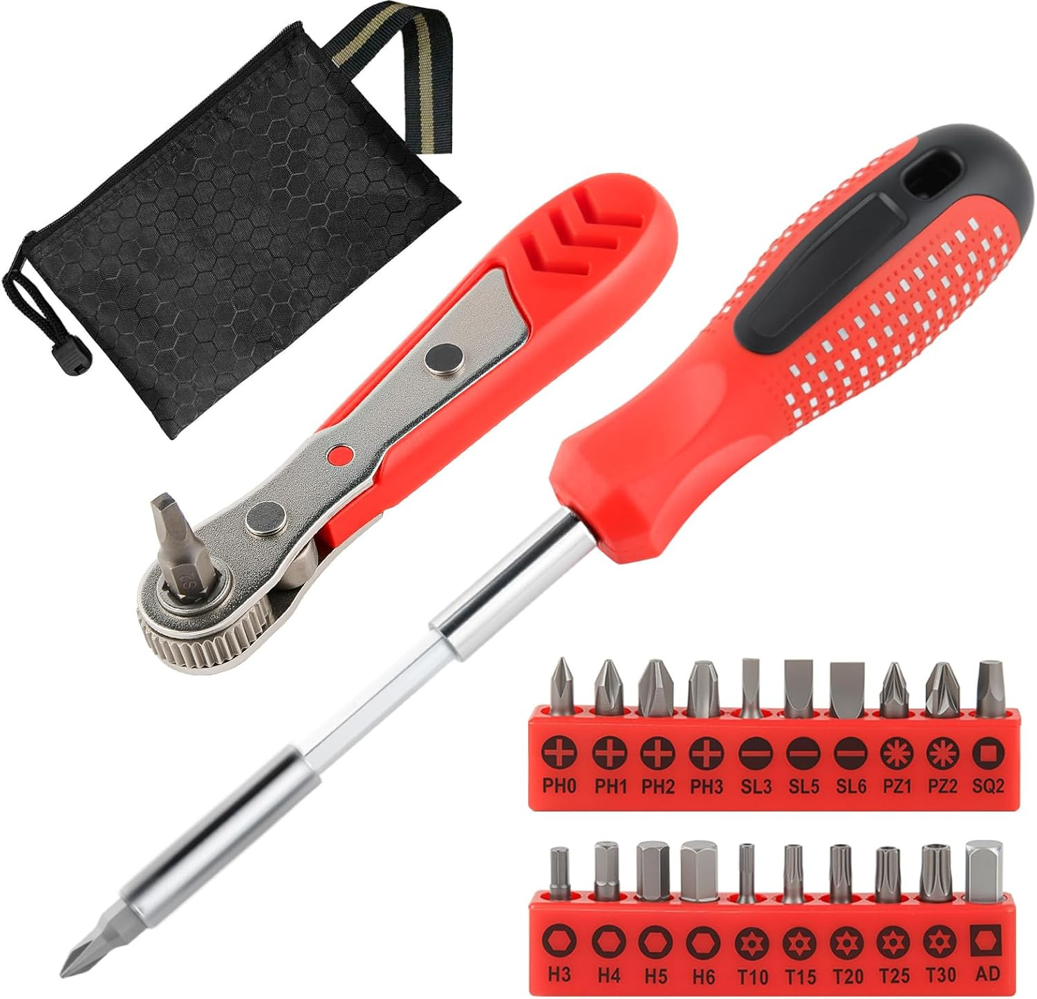 Multi-Bit Magnetic Ratcheting Screwdriver Set with Phillips, Slotted, Hex, Torx