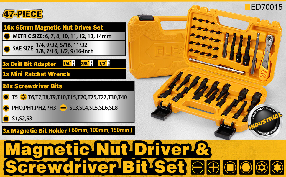 47PC Magnetic Impact Nut Driver Screwdriver Bit Set 1/4″ Hex Shank Quick Change