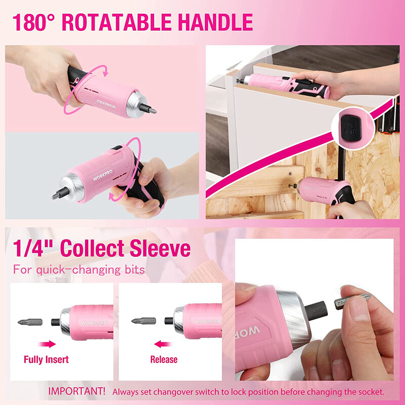 WORKPRO Electric Cordless Screwdriver Kit 18PC Home Tool Household Pink Tool Set