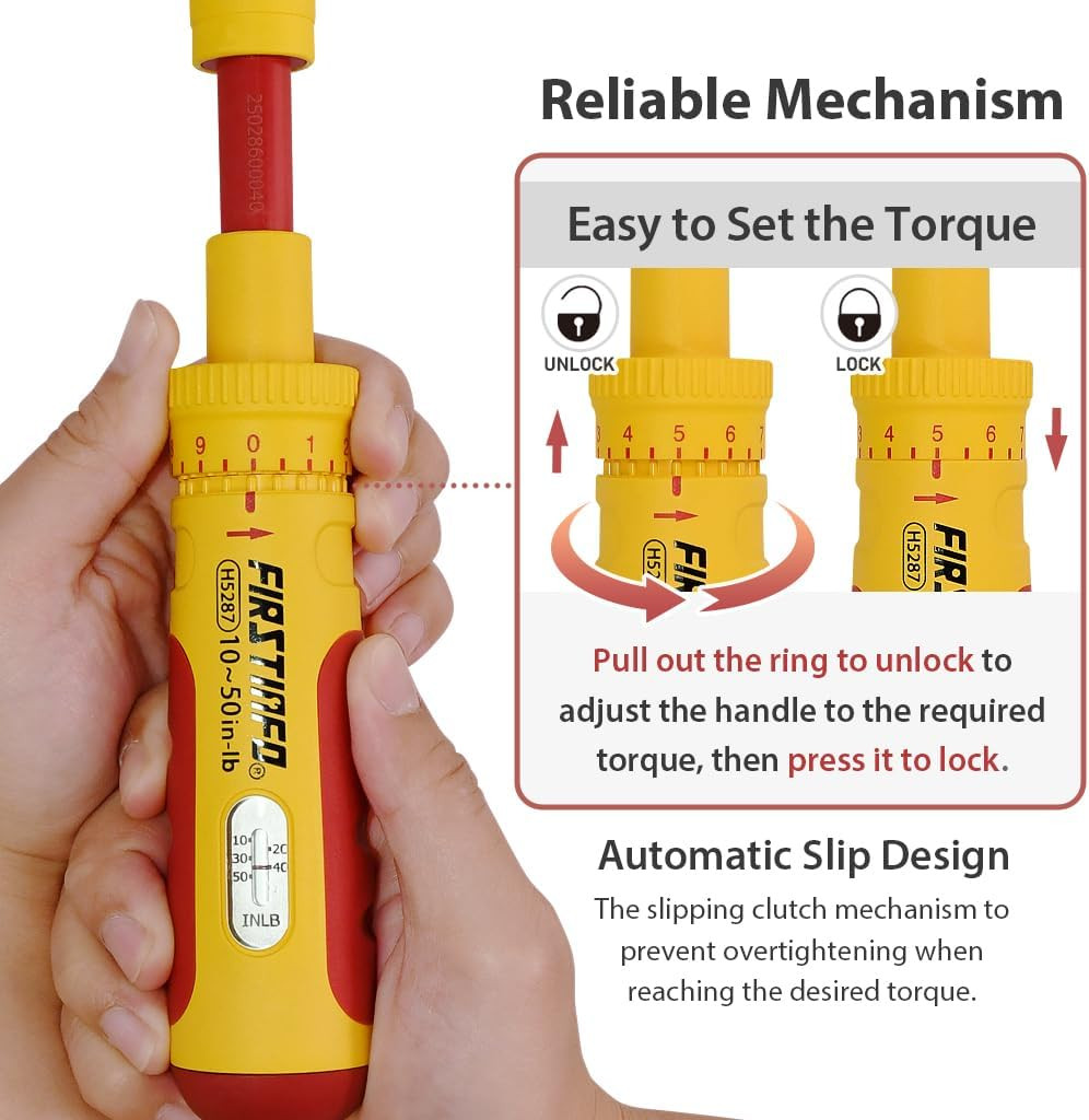 FIRSTINFO H5287 VDE Insulated Torque Screwdriver Set with 8 Bits, 10-50 In-Lbs