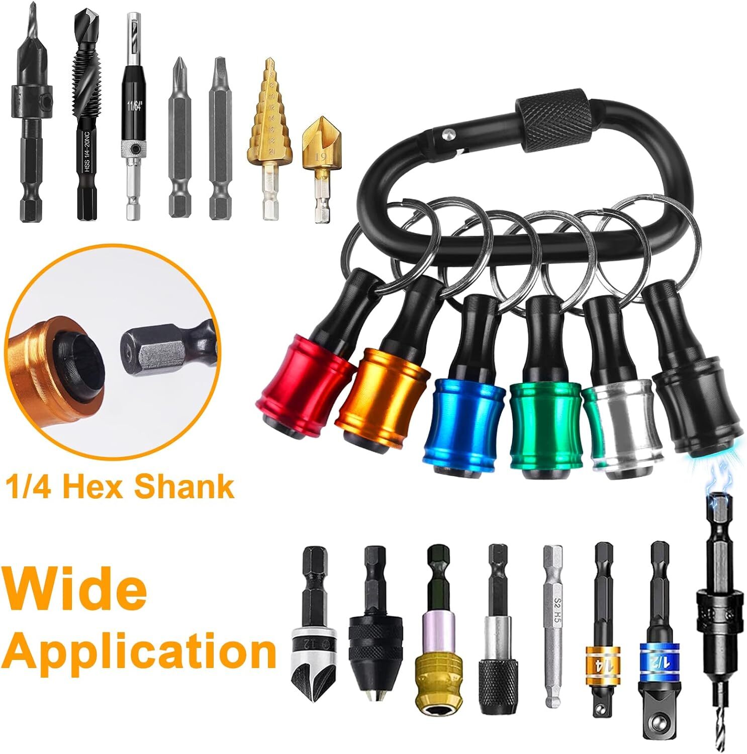 14PCS 1/4″ Hex Shank Quick Release Keychain Screwdriver Drill Bit Holder Bit Set