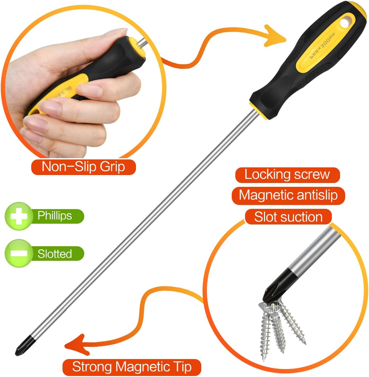 2pcs Long Magnetic Screwdriver Set, 12in Extra Long Phillips and Slotted Screwd