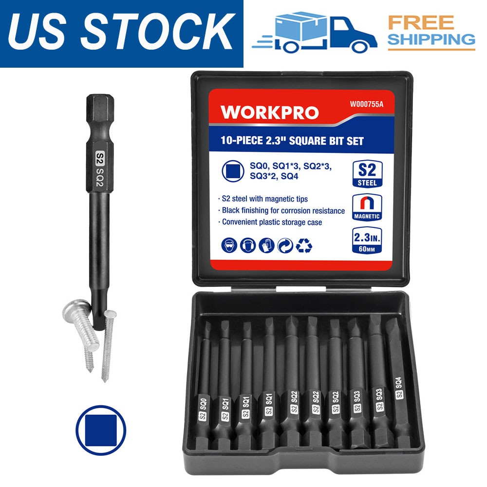 WORKPRO 10x Magnetic Square Bit Set 1/4 Inch Hex Shank Driver Bits w/Storage Box