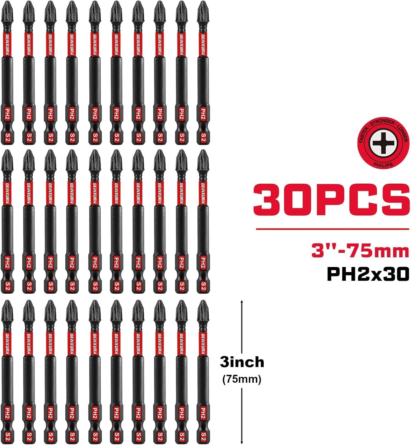 Versatile 30-Pack 3-Inch Impact-Resistant PH2 Driver Bits Set for Woodworking
