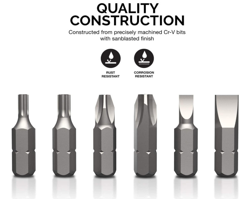 Juego 100 Piezas Puntas Seguridad Cr-V 1/4” Multi Tipo Torx Hex Pozi Alta Resis