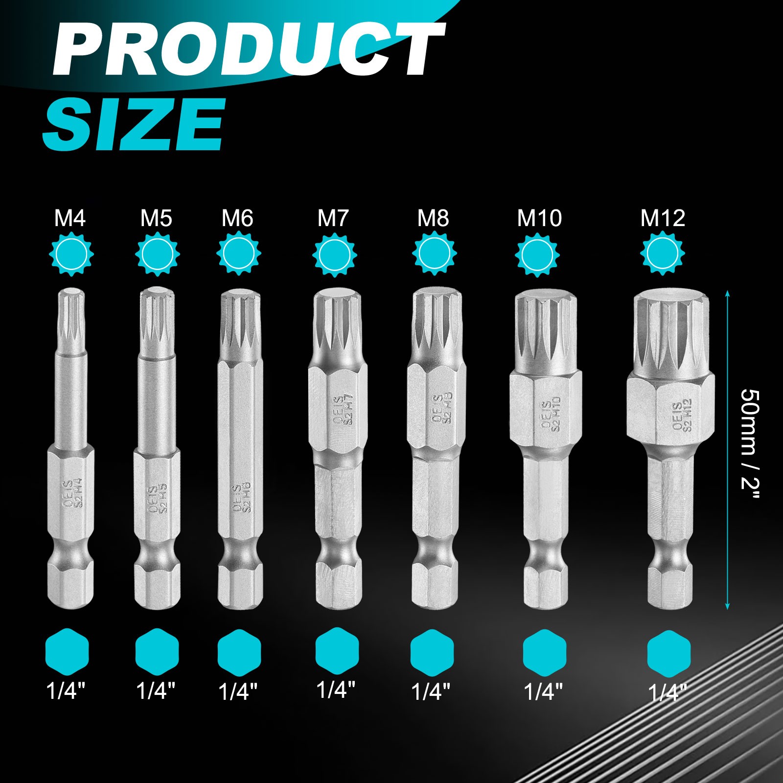 7Pcs, M4/M5/M6/M7/M8/M10/M12 Triple Square Spline Bit 1/4″ Hex Shank Magnetic