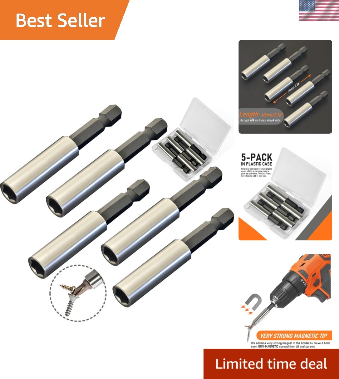 5-Pack Magnetic Bit Holder Set with Strong 1/4″ Hex Shank for Easy Screw Pickup