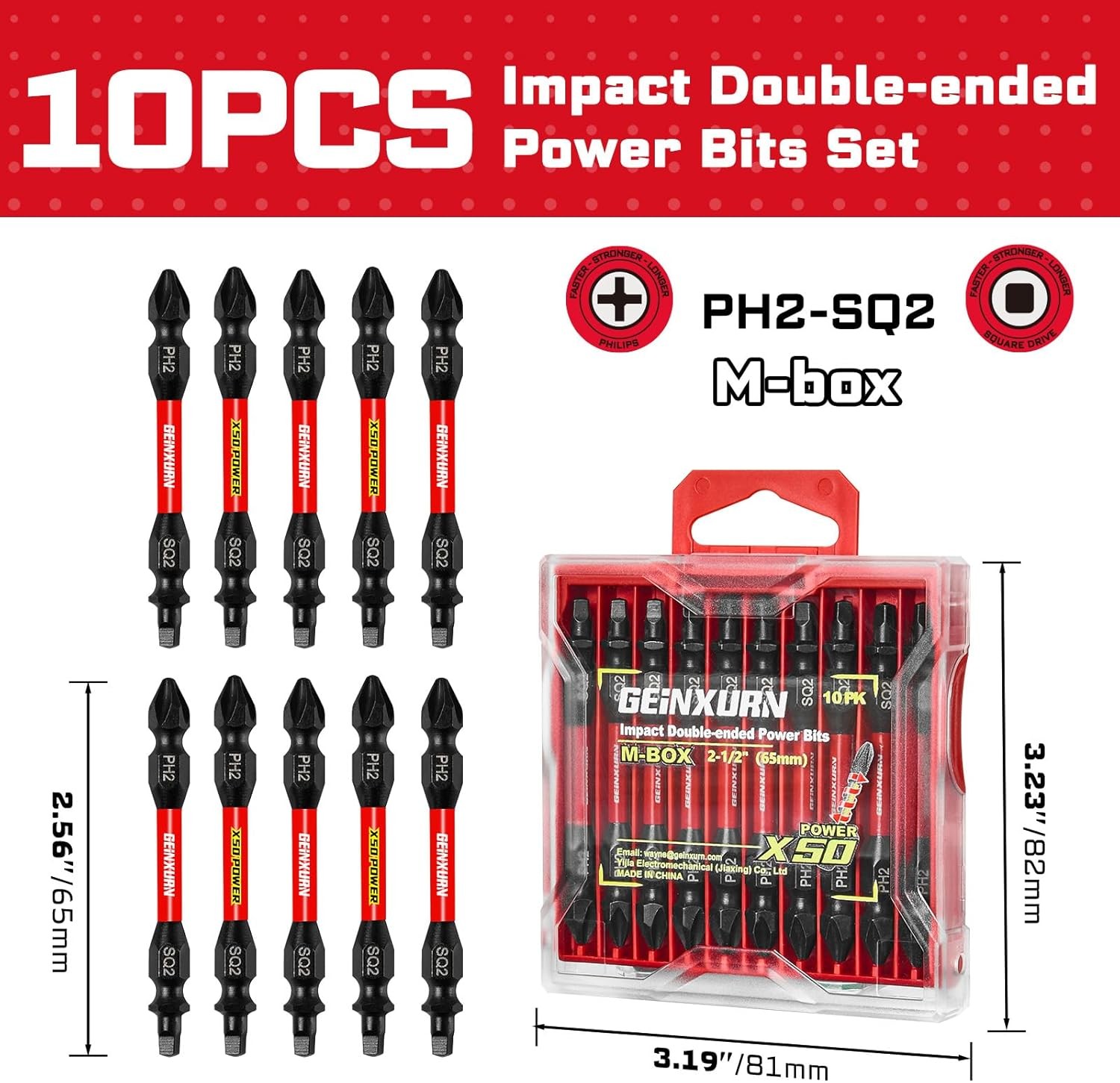 10PCS PH2-SQ2 Double End Screwdriver Bits, 2.56″ Magnetic S2 Steel with M-Box