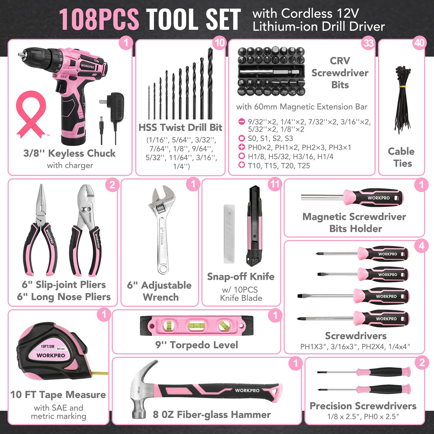 WORKPRO 108PCS Home Tool Kits w/ 12V 1.5Ah Power Drill & Common Bits PINK Tools