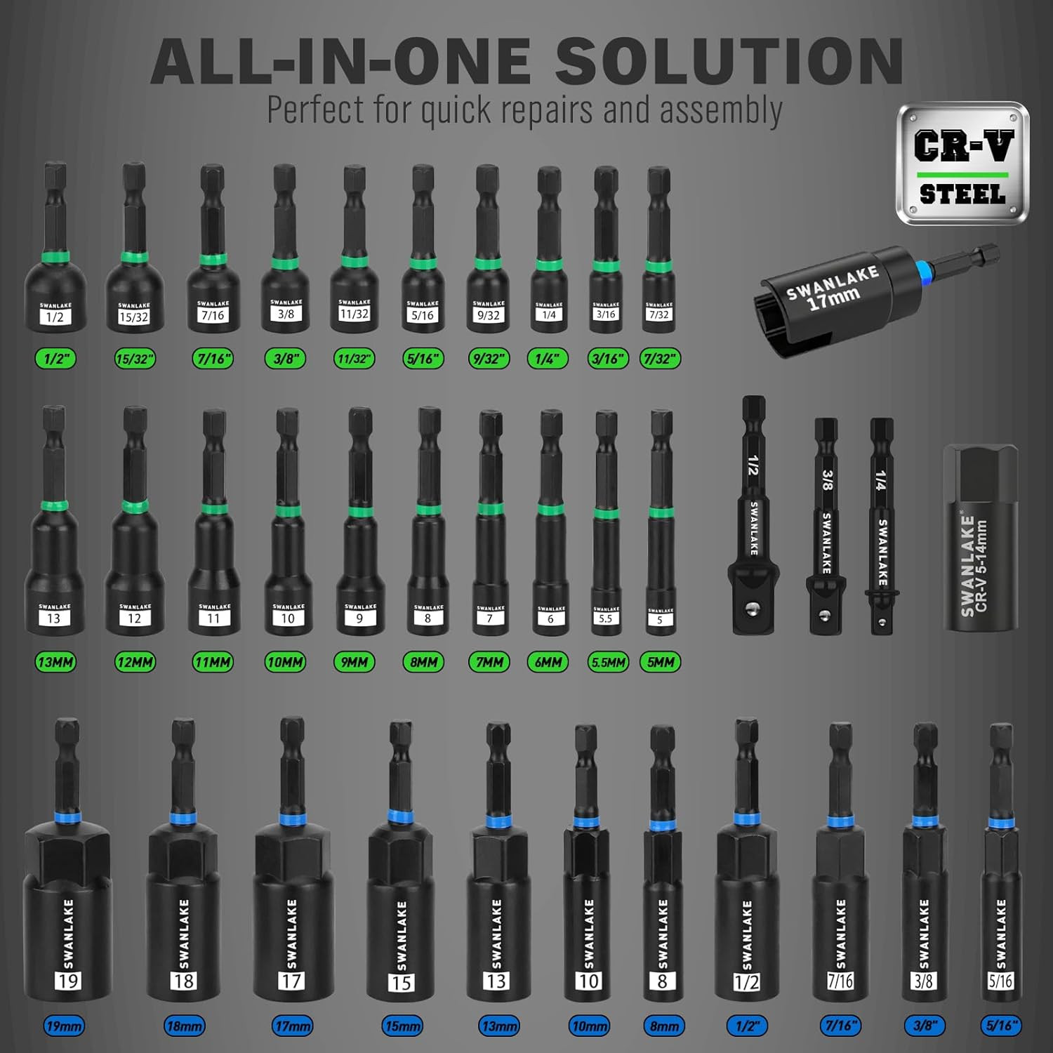 74-Piece Magnetic Nut Driver Set for Impact Drill Metric & SAE, Impact Socket Ad