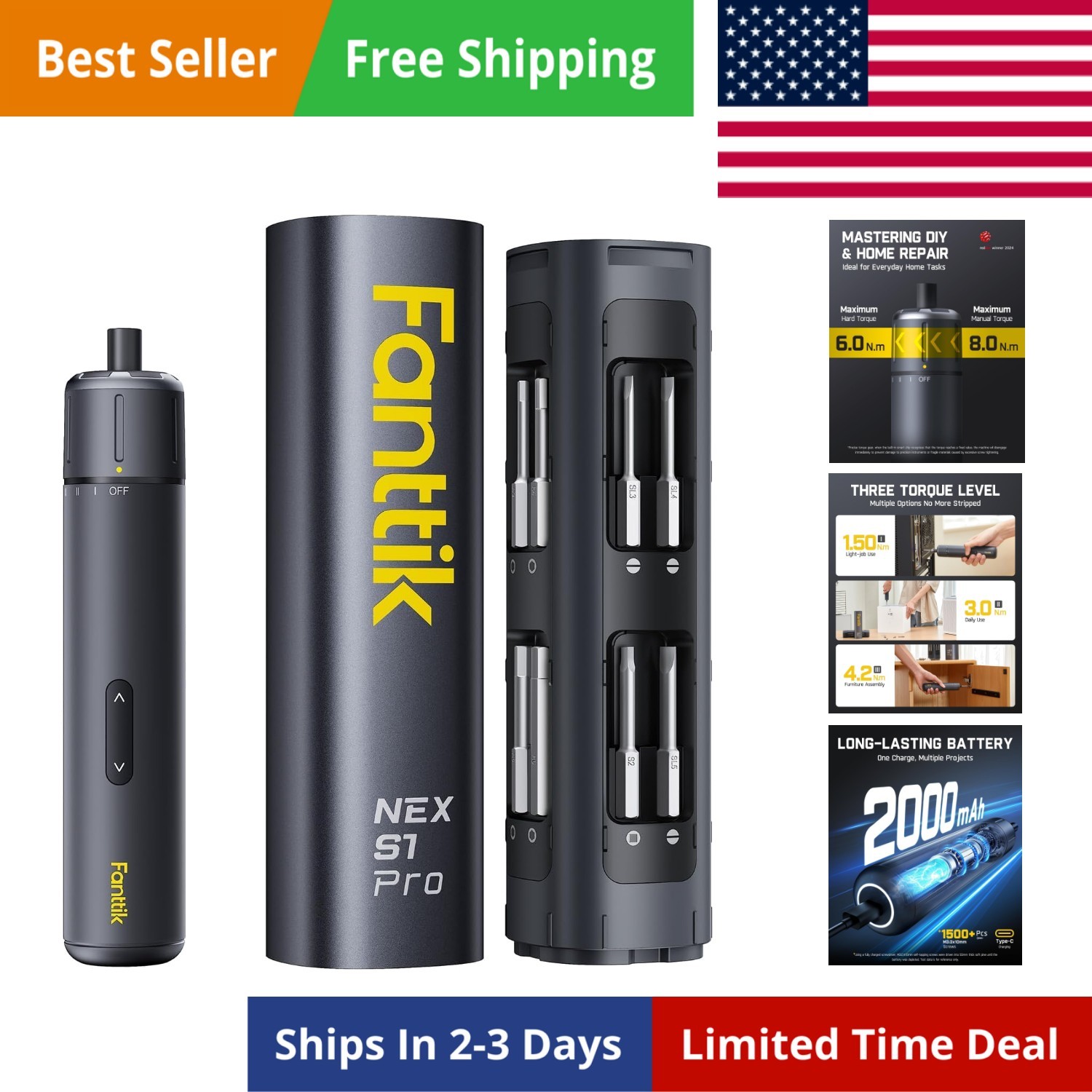 S1 Pro Electric Screwdriver, Power Screwdriver with16 S2 Steel Bits, 3 Torque…