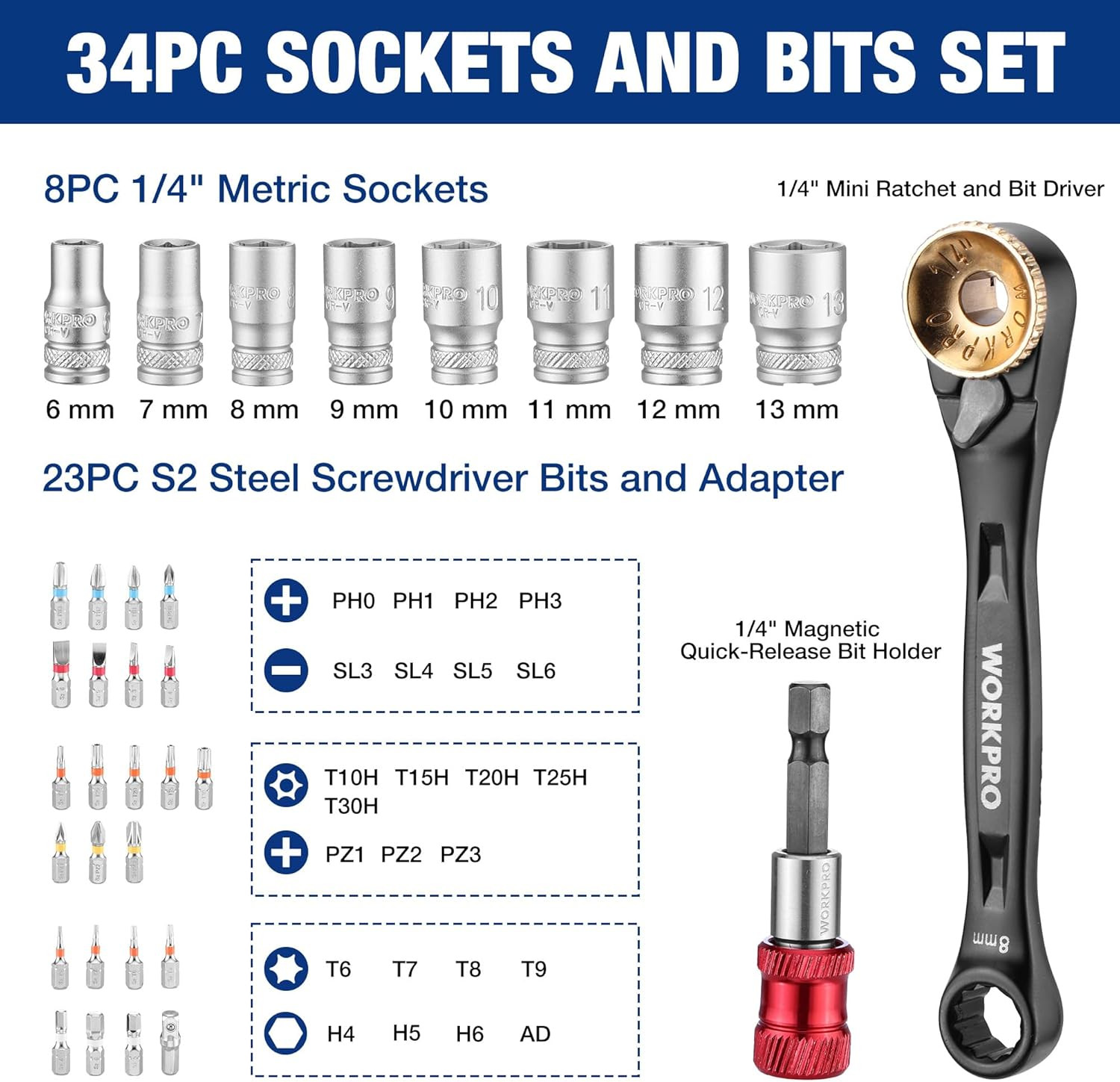 34pc Mini Ratchet Wrench Set 1/4″ 72T Right Angle Screwdriver Tight Space