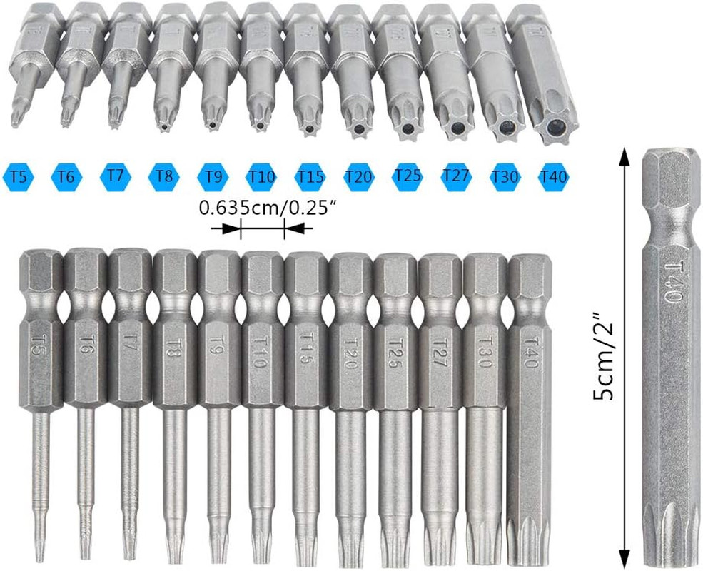 Juego de 12 puntas Torx T5-T40, vástago hexagonal 1/4″, con mango.