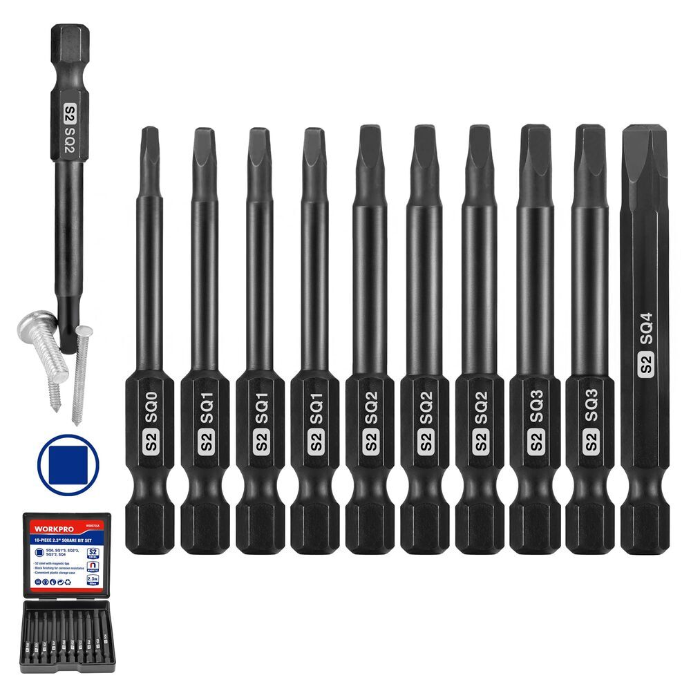 WORKPRO 10 PIECE Square Bit Set Magnetic Screwdriver Bits Set 1/4 Inch Hex Shank