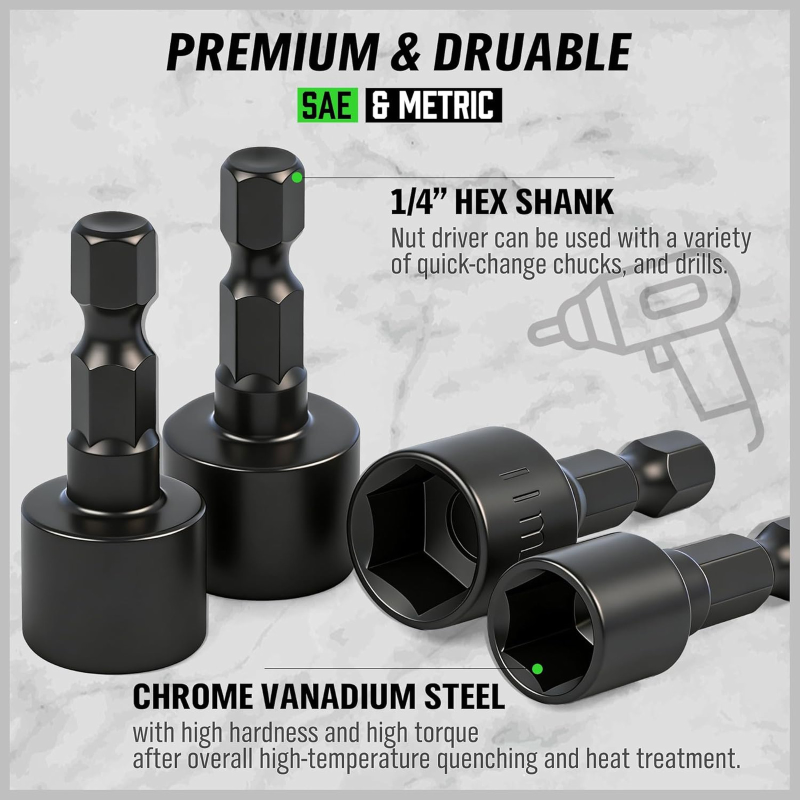 Impact Nut Driver Set 20PCS Chromium Vanadium Steel SAE Metric Hex Heads Heavy