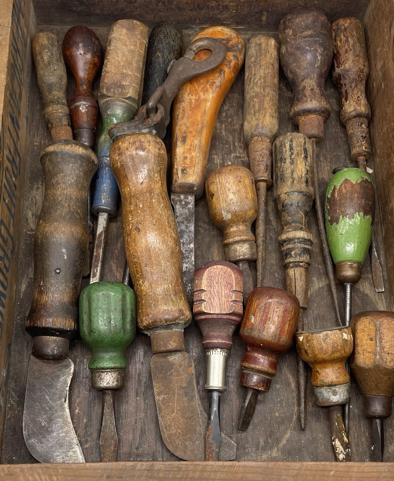 Antique Wood Handle Screwdrivers & Hand Tools In Primitive Wooden Box