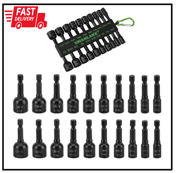20-Piece Magnetic Nut Driver Set, Metric & SAE 1/4″ Hex Shank, Drill Socket Set