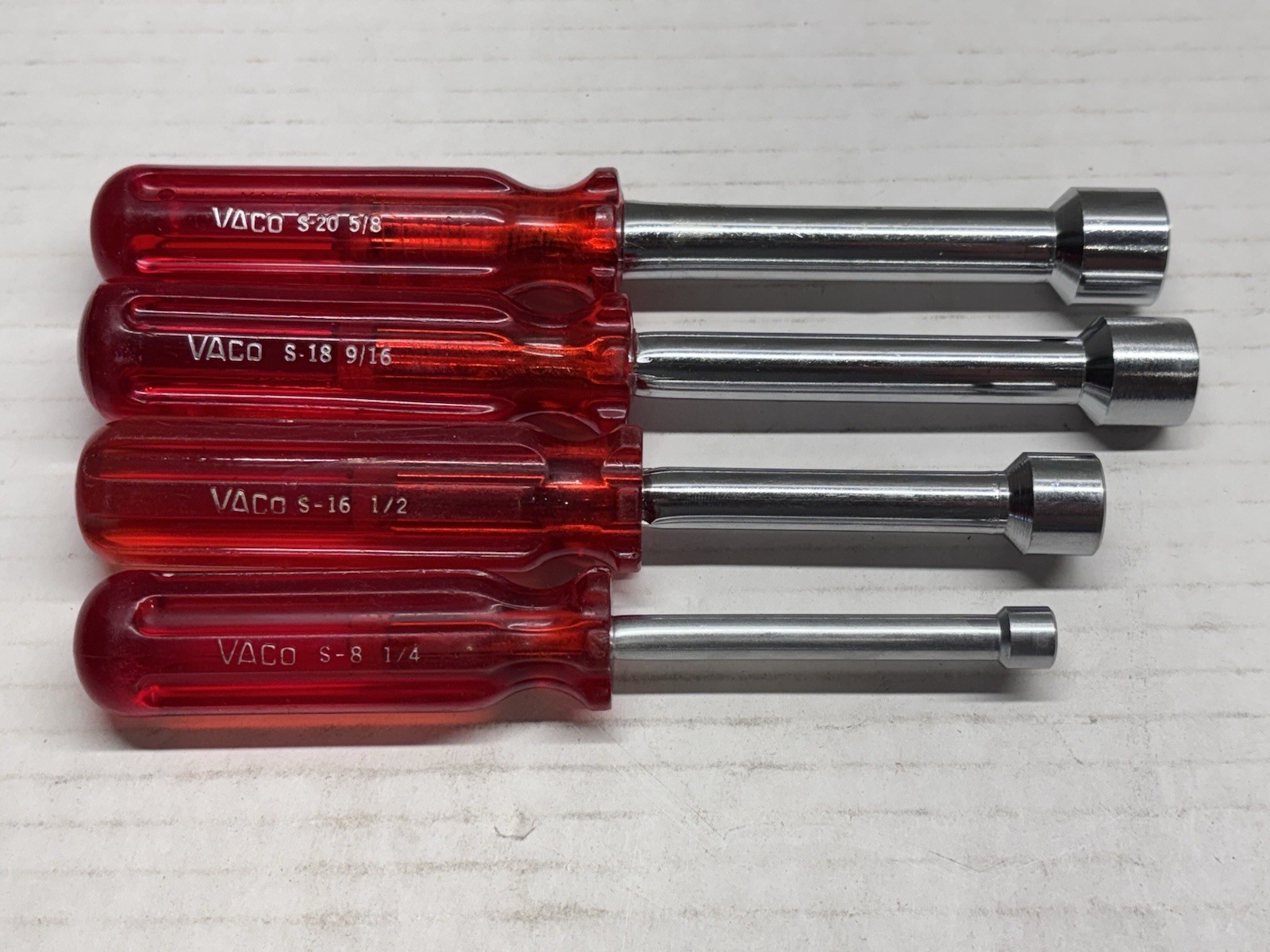 Vintage Vaco 4-Piece Nut Driver Set SAE Short Hollow Shank S-20, S-18, S-16, S-8
