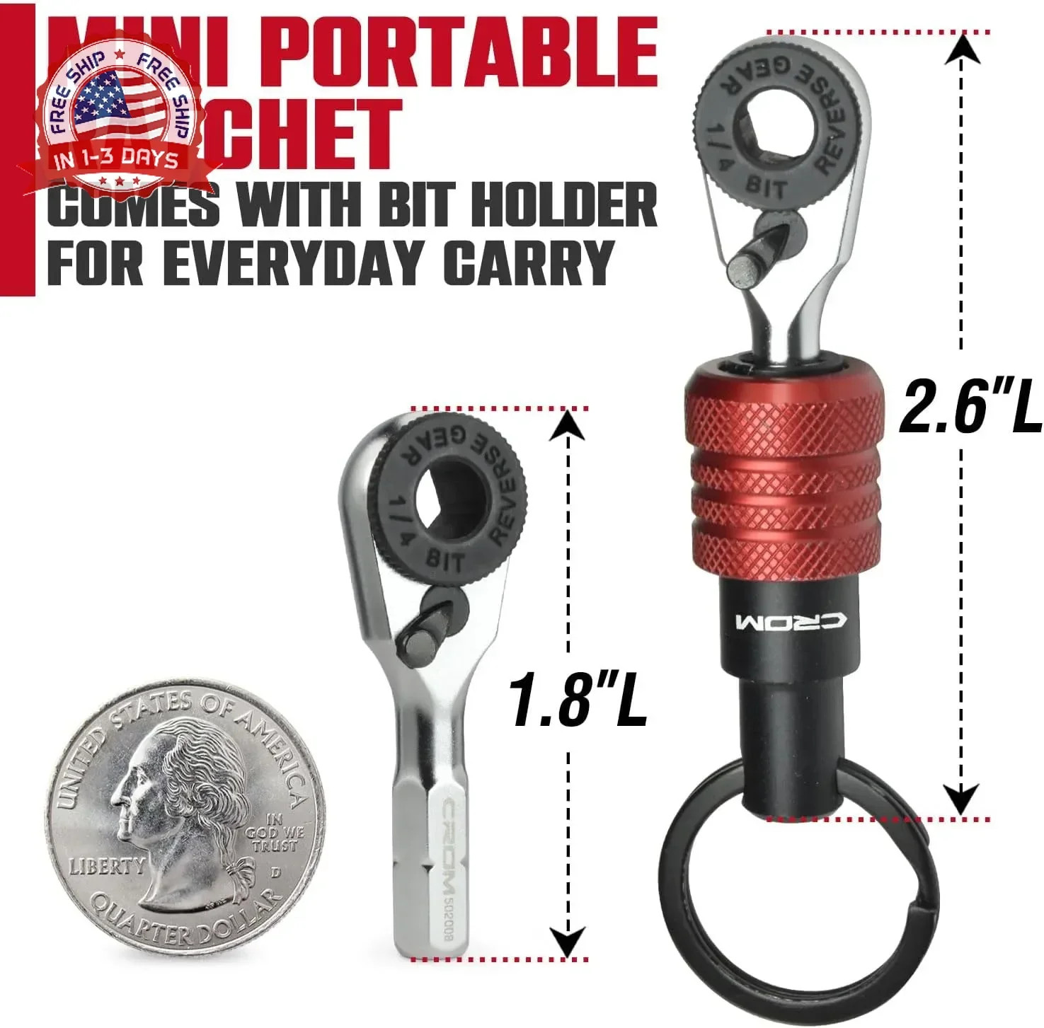 CROM EDC Mini Ratchet Wrench – 1/4-Inch Hex End Multitool Accessory with Bit Hol