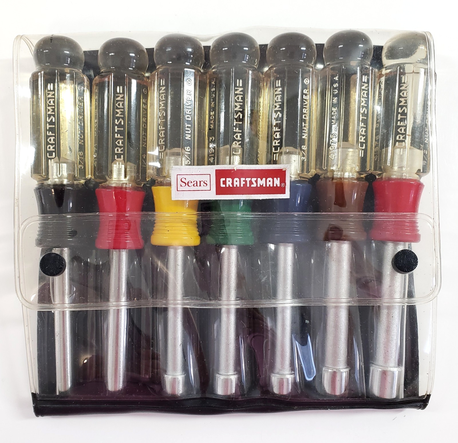 Vintage SEARS Craftsman USA 7 Pc Nut Driver Set 4196 Pouch Clear Handle Standard