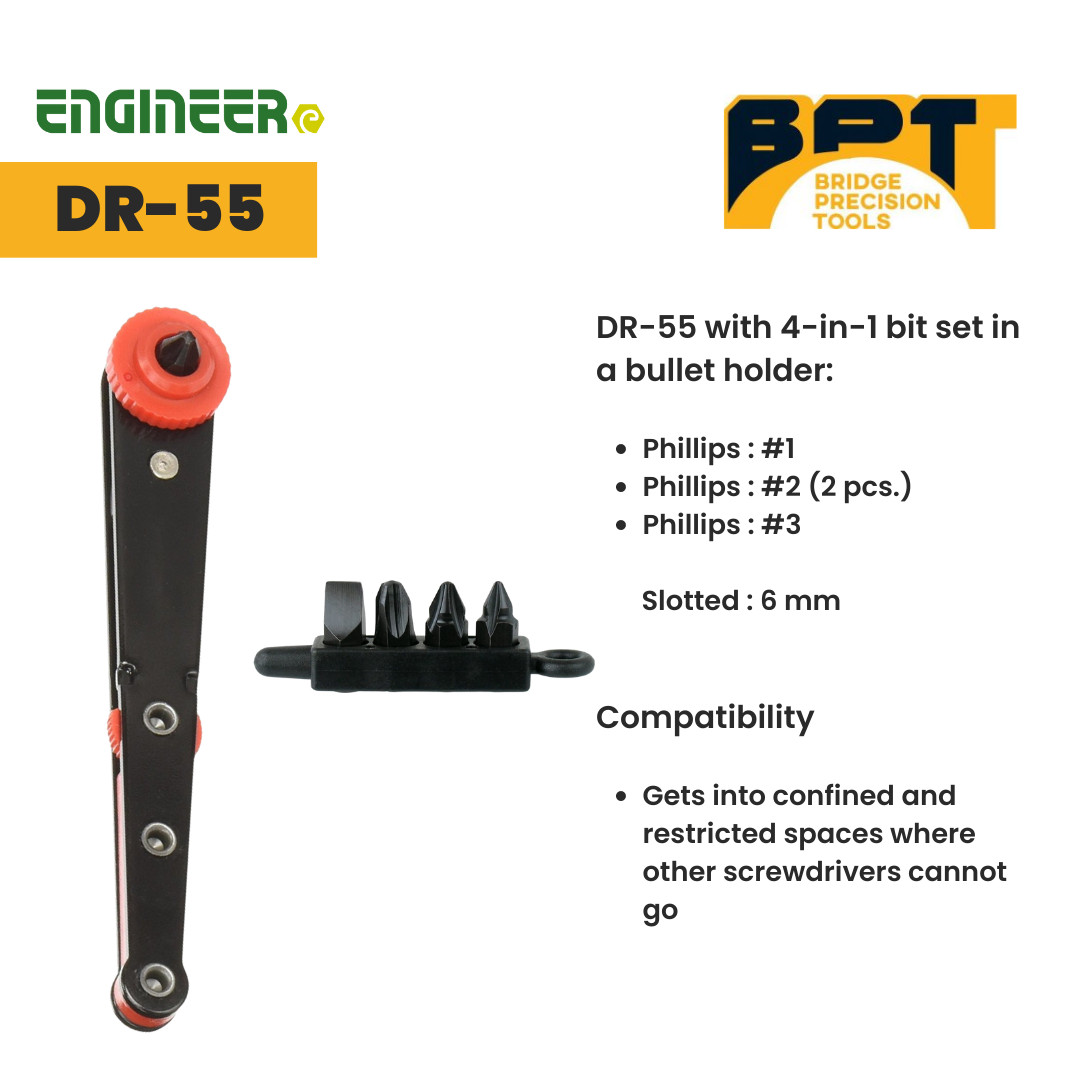ENGINEER DR-55 Offset Ratchet Driver with 4-in-1 bit set and included bit holder