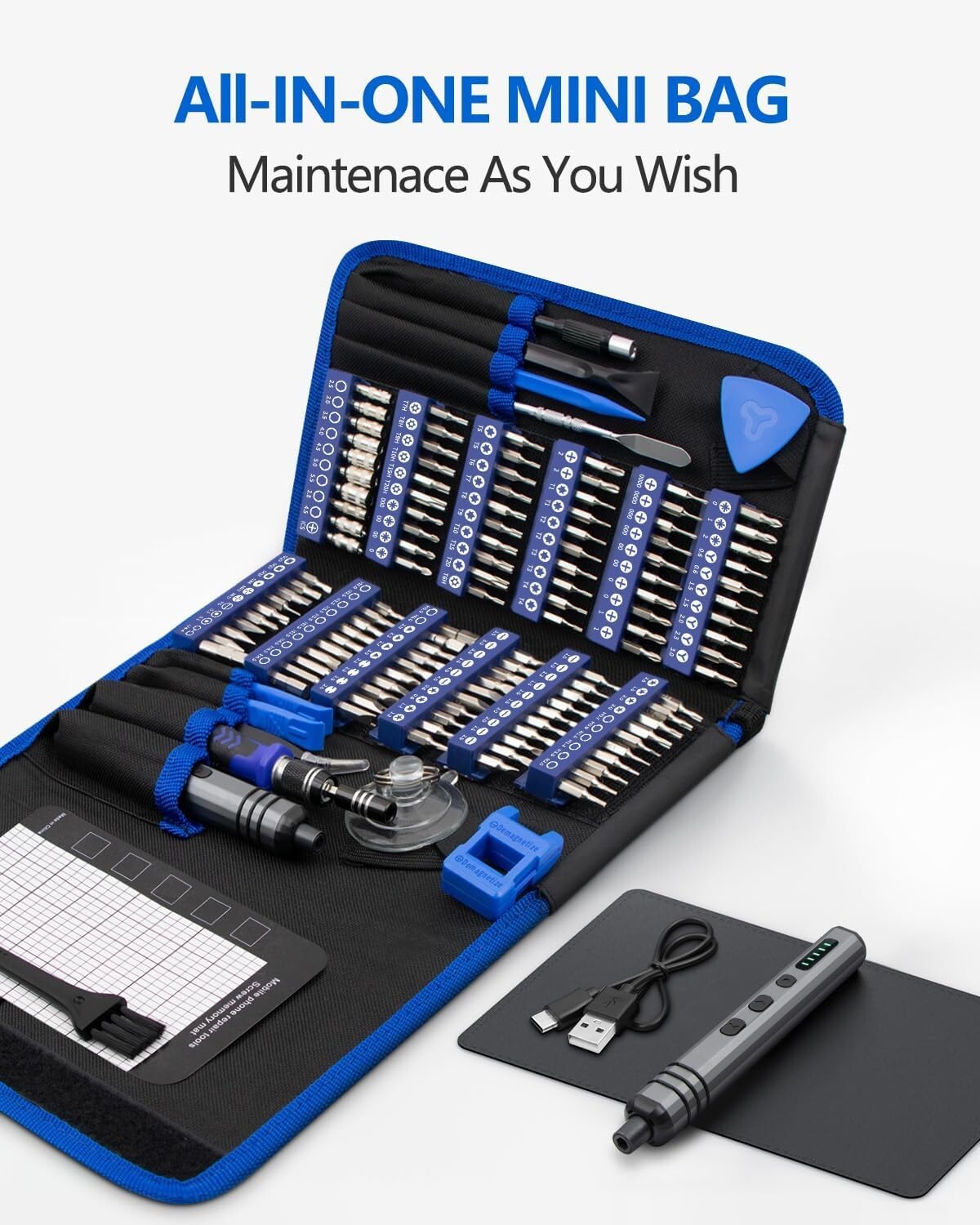 140-in-1 Mini Electric Screwdriver Set w/ 120 Bits, 5 Torque Settings, LED Light