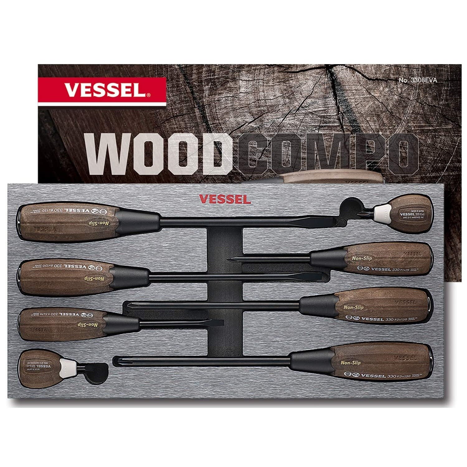Vessel 8pc Non-Slip Screwdriver Set Wood Composite Hybrid Grip Tang-Thru 3308EVA