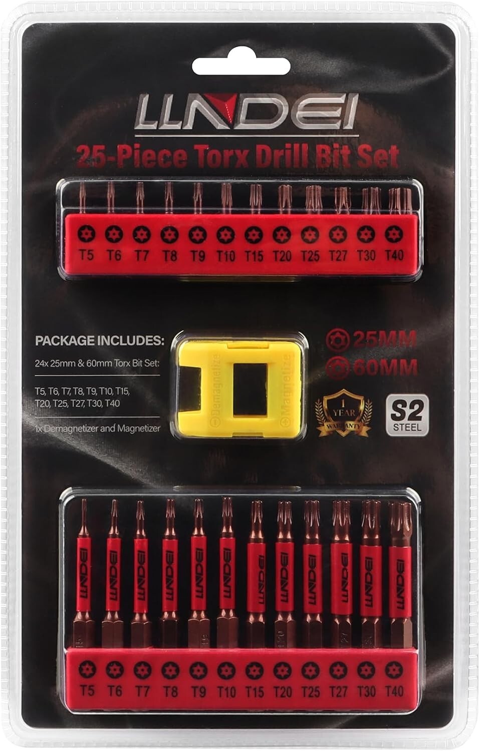 25PCS Torx Bit Set T5-T40 Security Torx Bit Set Tamper Resistant 1″& 2″ Magnetic